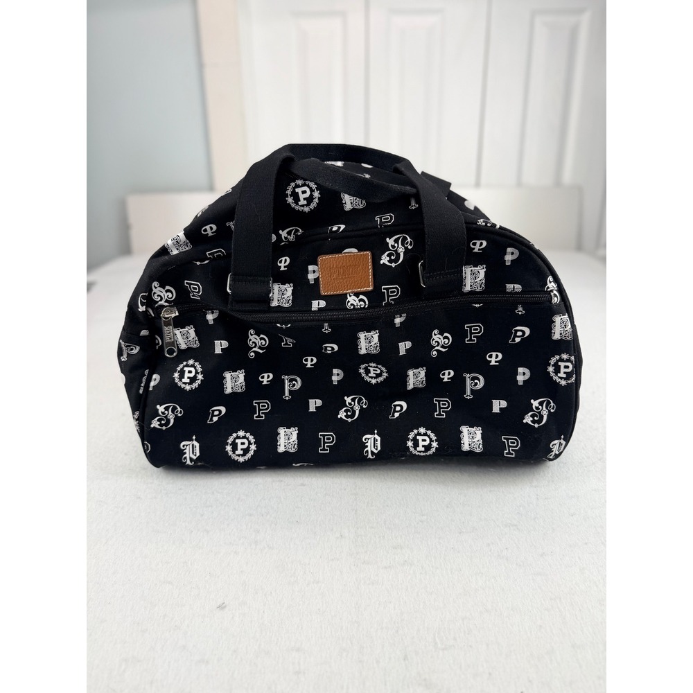 Victoria's Secret PINK Black White Monogram Canvas Duffel Bag Front Pocket 20"